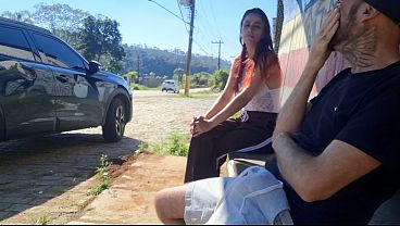 Risky masturbation with a stranger at a public bus stop&excl;
