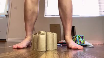 Barefoot Crushing: Toilet Paper Roll Destruction