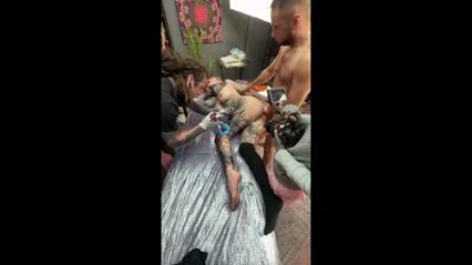 Tattoo Shop BTS - Girl Gets Anal Fucked While Receiving Leg Tattoo