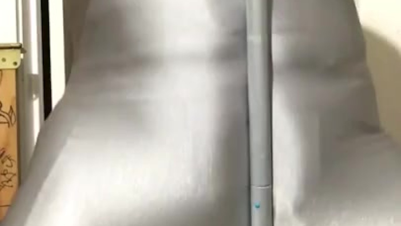 Shiny spandex exercise pole hump using gag and handcuffs (sorry for handcuff struggle)